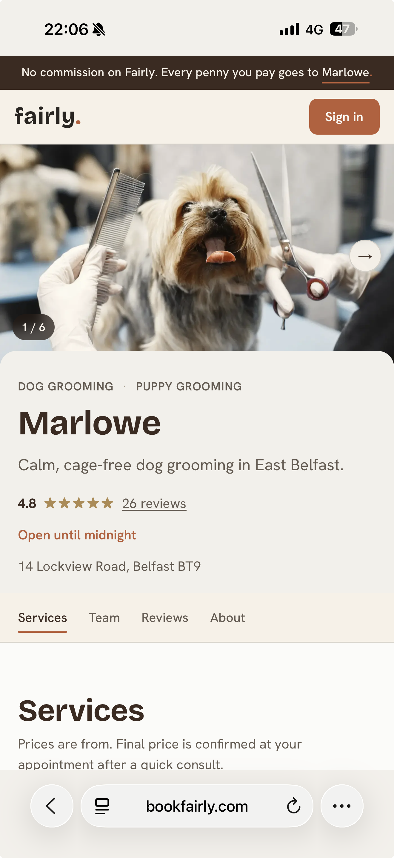 A Fairly booking page on a phone